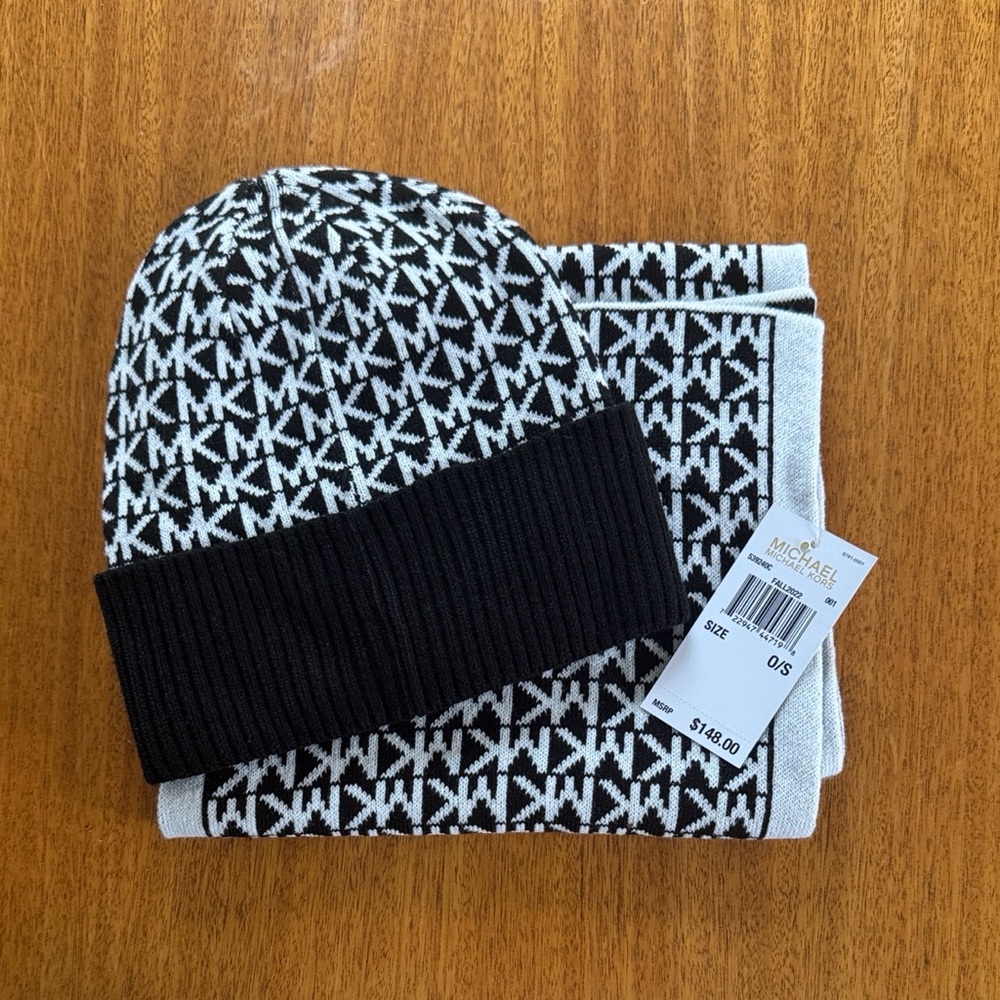 Michael Kors Monogram Black and White Hat and Scarf Set